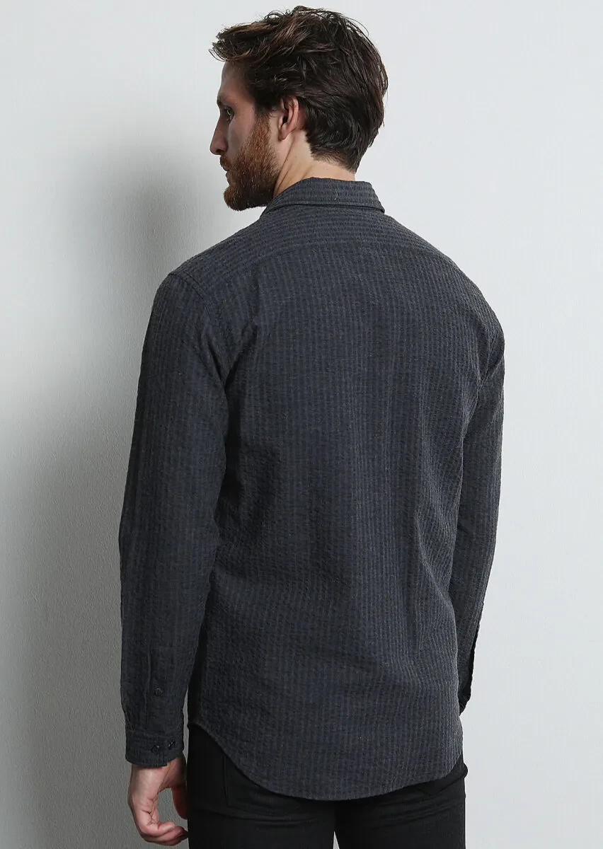 Antrasit Çizgili Regular Fit Dokuma Casual %100 Pamuk Gömlek - 5