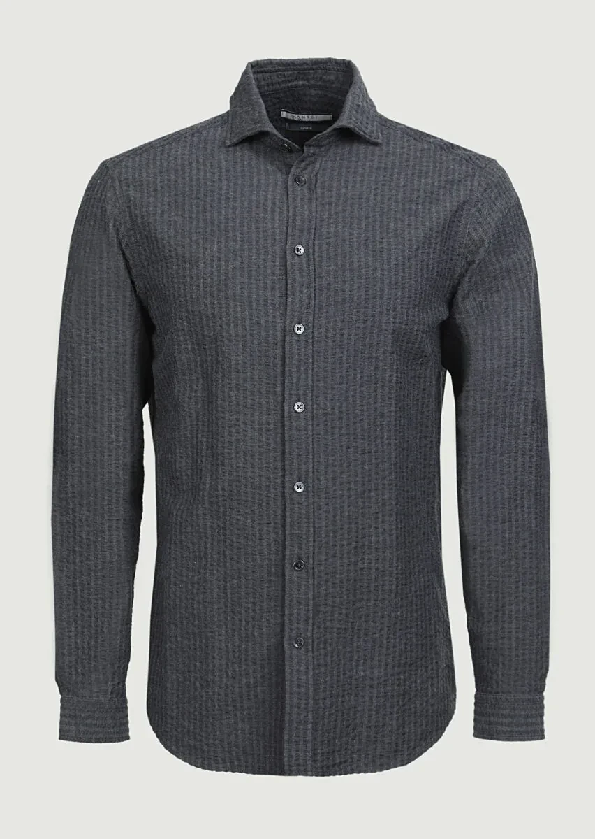 Antrasit Çizgili Regular Fit Dokuma Casual %100 Pamuk Gömlek - 6