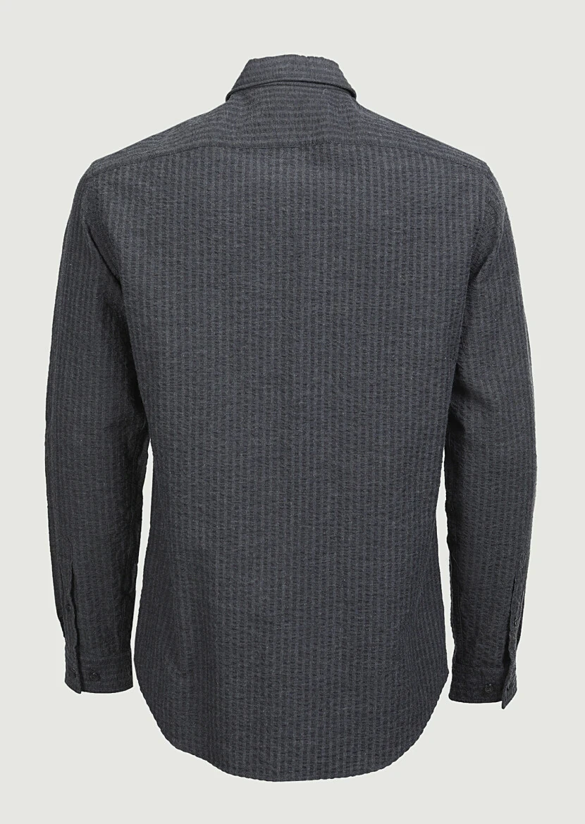 Antrasit Çizgili Regular Fit Dokuma Casual %100 Pamuk Gömlek - 7