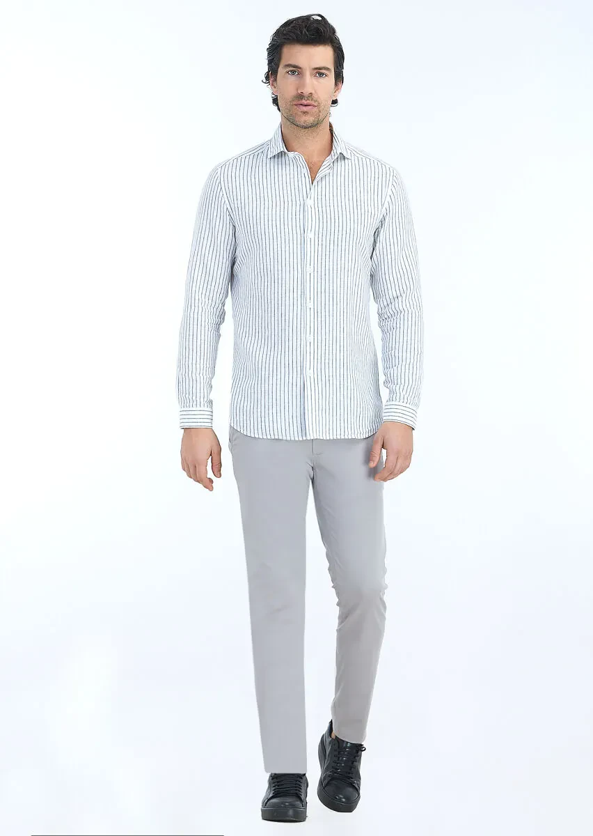 Antrasit Çizgili Regular Fit Dokuma Casual Pamuk Karışımlı Gömlek - 1
