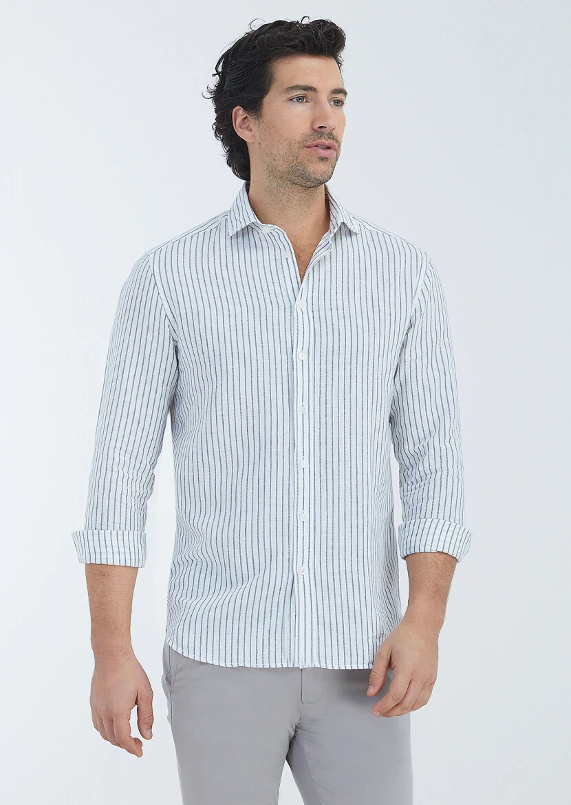 Antrasit Çizgili Regular Fit Dokuma Casual Pamuk Karışımlı Gömlek 