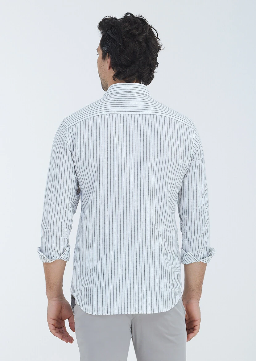 Antrasit Çizgili Regular Fit Dokuma Casual Pamuk Karışımlı Gömlek - 5