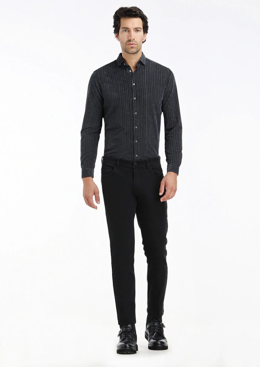 Antrasit Çizgili Regular Fit Dokuma Kadife Casual %100 Pamuk Gömlek - 1