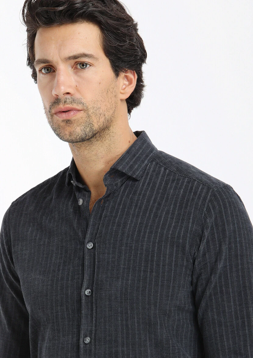 Antrasit Çizgili Regular Fit Dokuma Kadife Casual %100 Pamuk Gömlek - 2