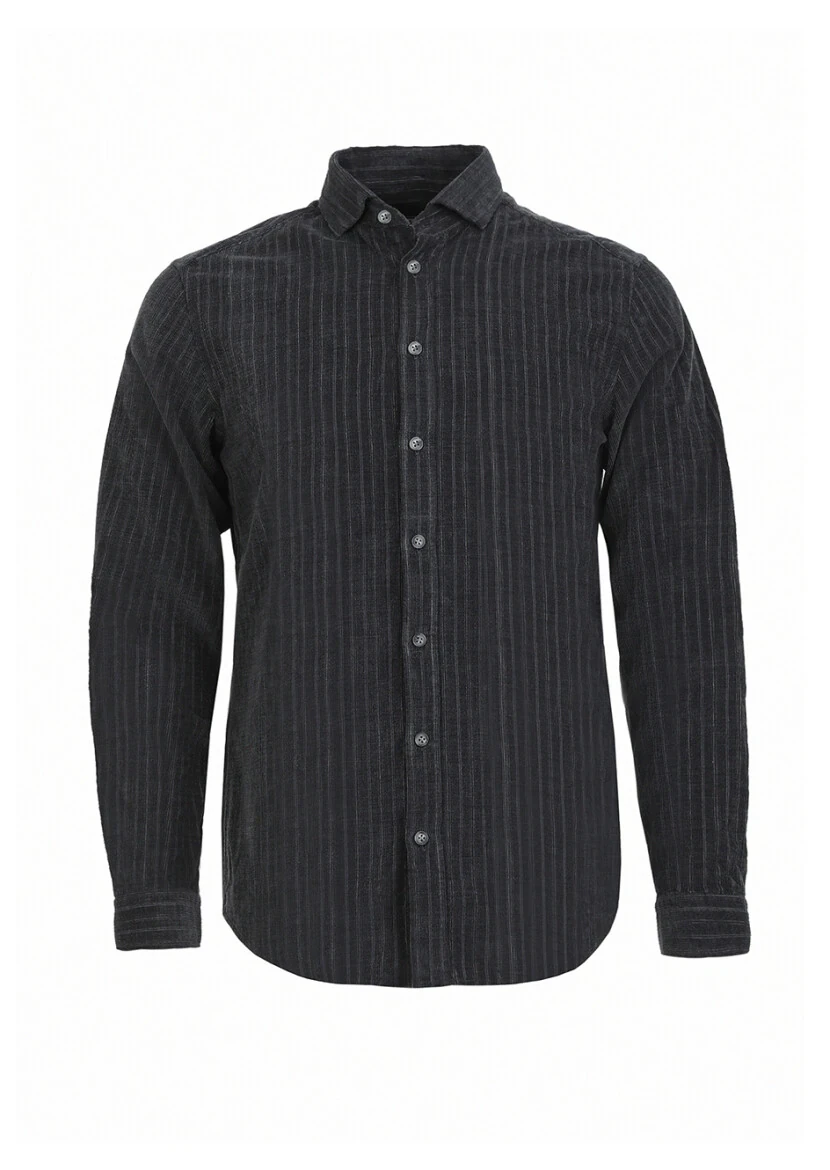Antrasit Çizgili Regular Fit Dokuma Kadife Casual %100 Pamuk Gömlek - 5