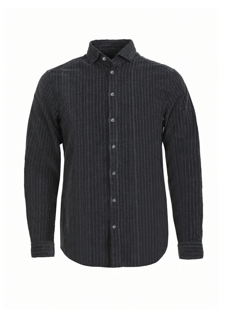 Antrasit Çizgili Regular Fit Dokuma Kadife Casual %100 Pamuk Gömlek - 5