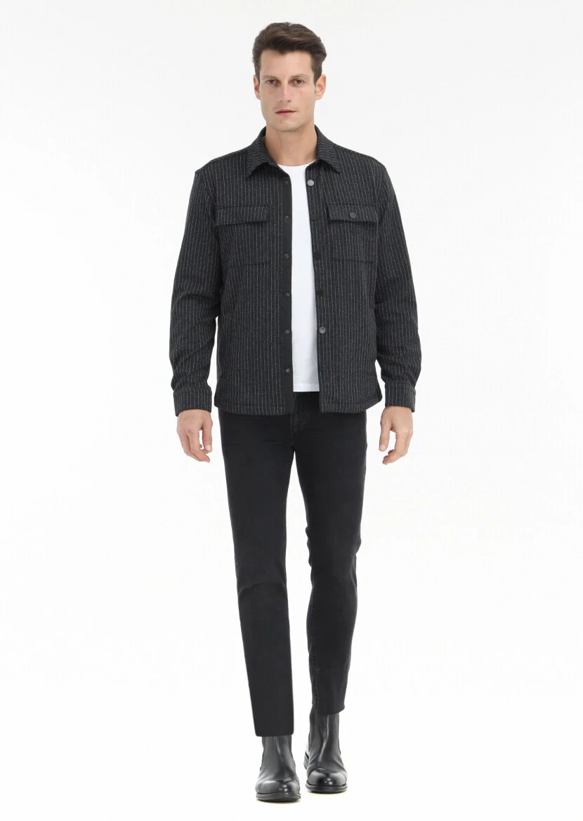 Antrasit Çizgili Regular Fit Overshırt - 1
