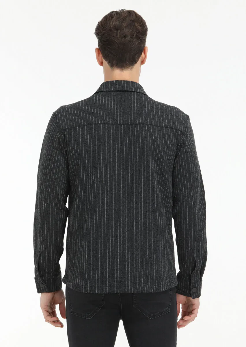 Antrasit Çizgili Regular Fit Overshırt - 5
