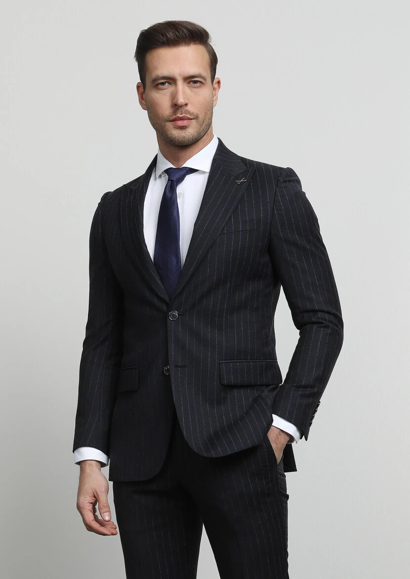 Antrasit Çizgili Thin&taller Slim Fit %100 Yün Takım Elbise - 1