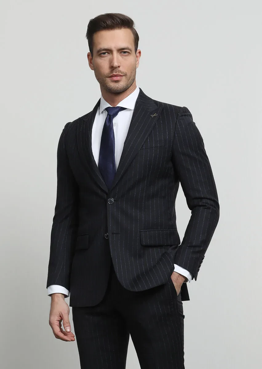 Antrasit Çizgili Thin&taller Slim Fit %100 Yün Takım Elbise - 1