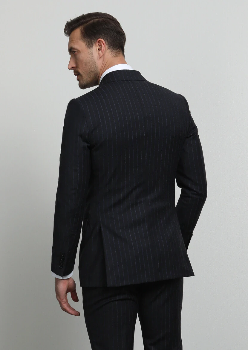 Antrasit Çizgili Thin&taller Slim Fit %100 Yün Takım Elbise - 4