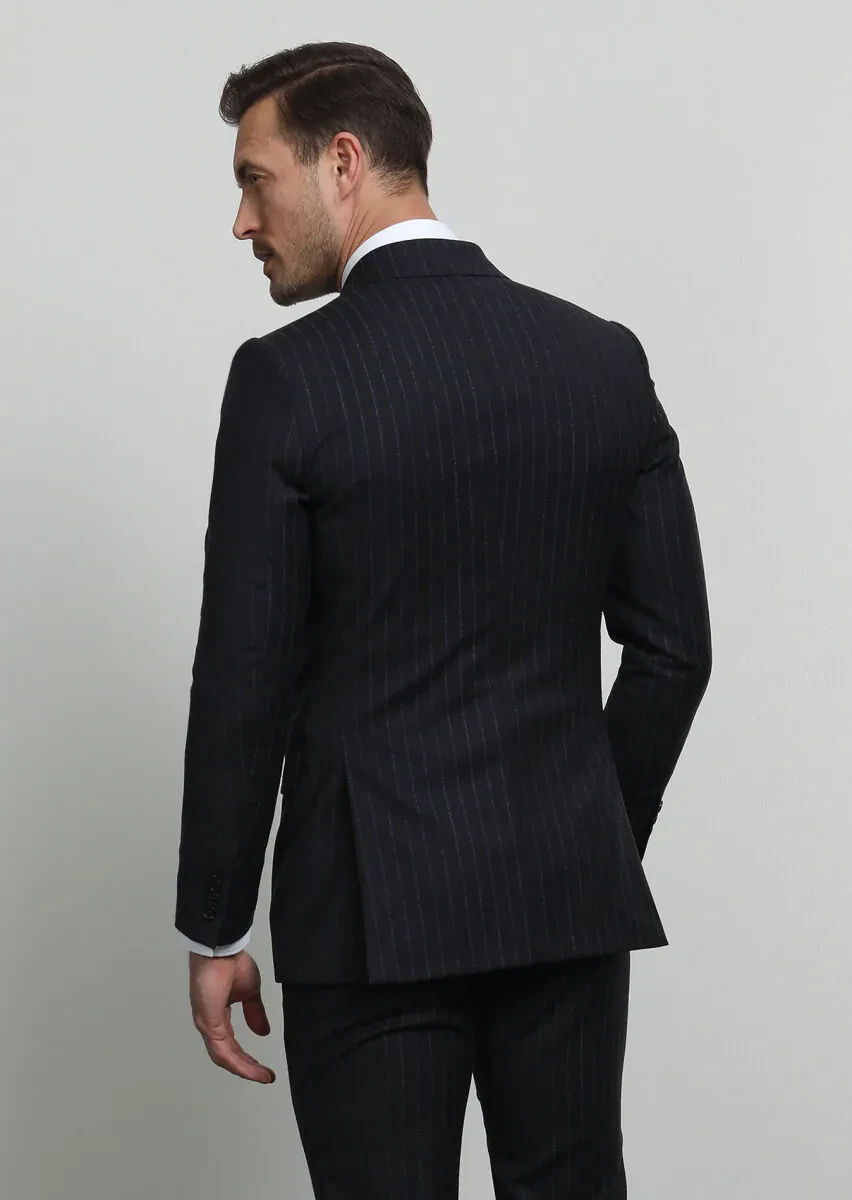 Antrasit Çizgili Thin&taller Slim Fit %100 Yün Takım Elbise - 4