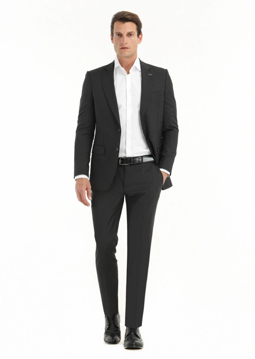 Antrasit Çizgili Thin&taller Slim Fit %100 Yün Takım Elbise - 1