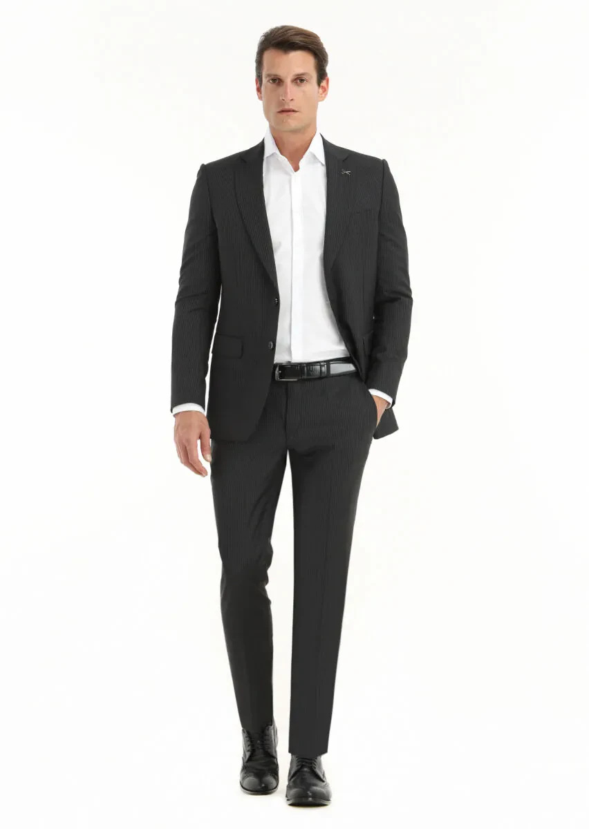 Antrasit Çizgili Thin&taller Slim Fit %100 Yün Takım Elbise - 1