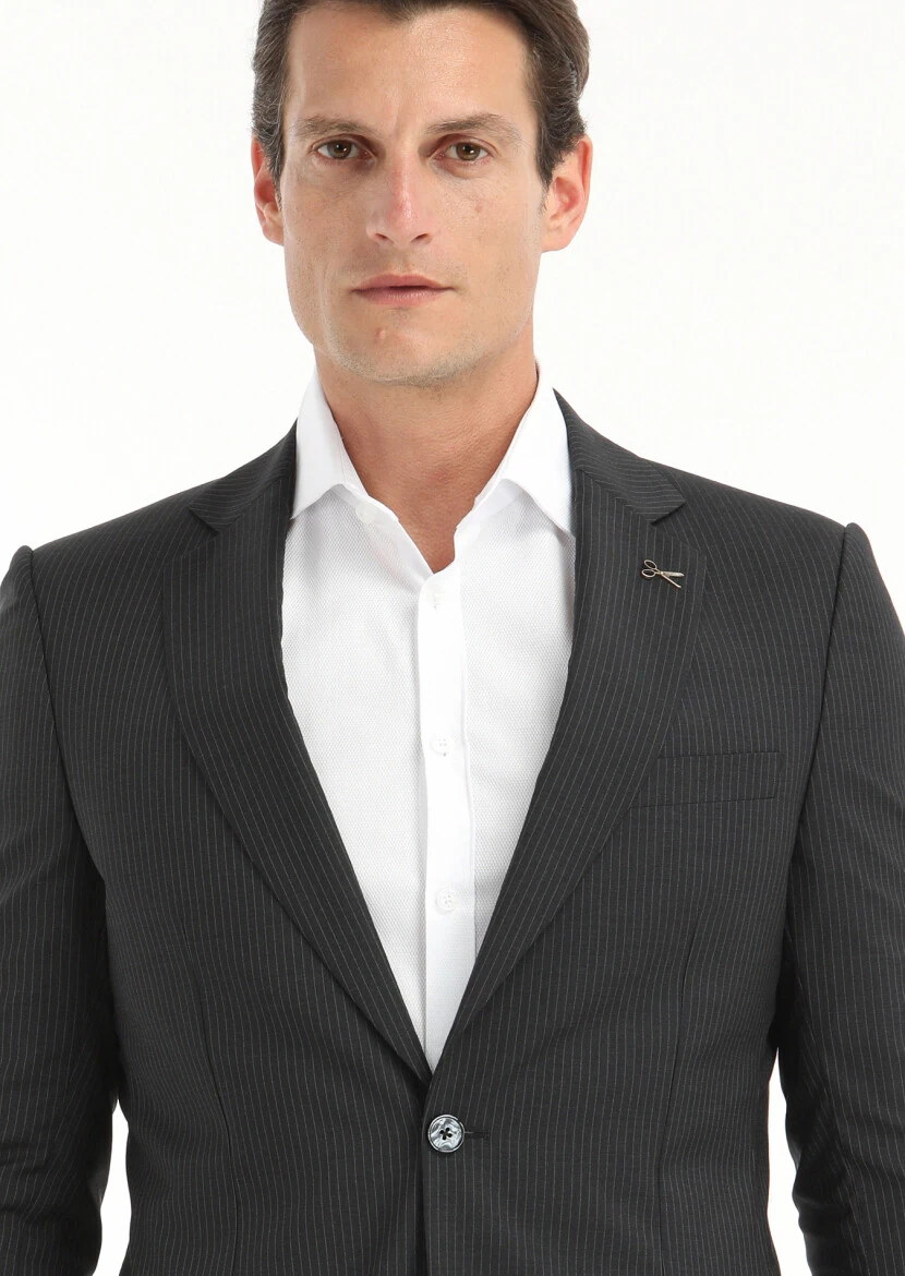 Antrasit Çizgili Thin&taller Slim Fit %100 Yün Takım Elbise - 3