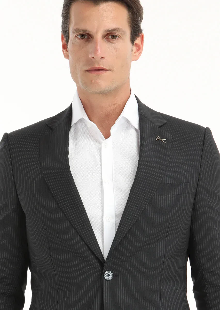 Antrasit Çizgili Thin&taller Slim Fit %100 Yün Takım Elbise - 3