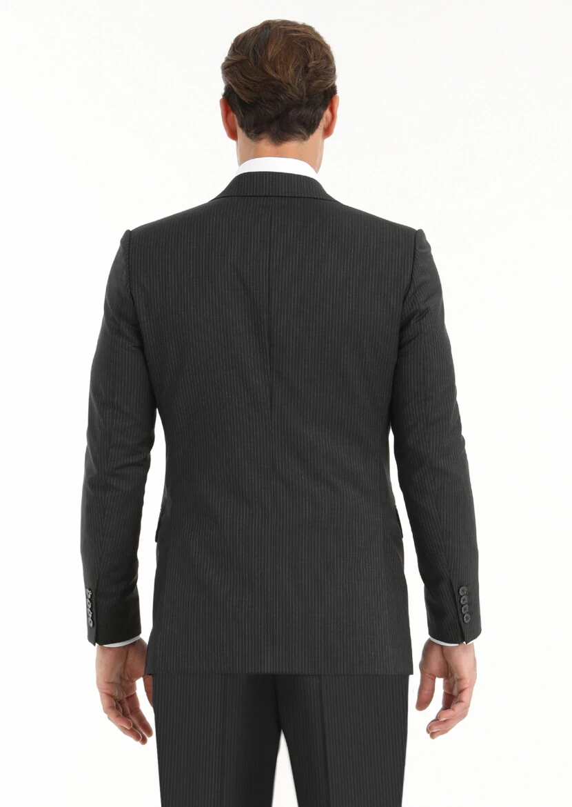 Antrasit Çizgili Thin&taller Slim Fit %100 Yün Takım Elbise - 4