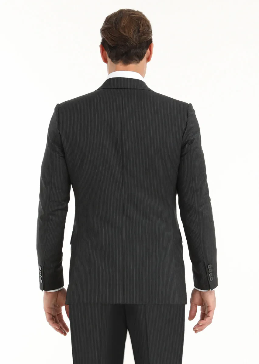 Antrasit Çizgili Thin&taller Slim Fit %100 Yün Takım Elbise - 4