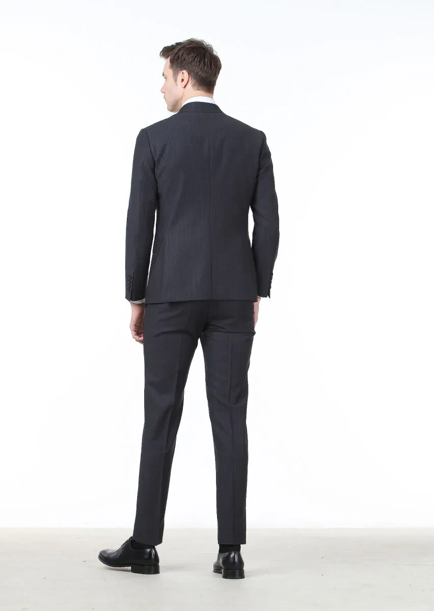 Antrasit Çizgili Zeroweight Slim Fit %100 Yün Takım Elbise - 4