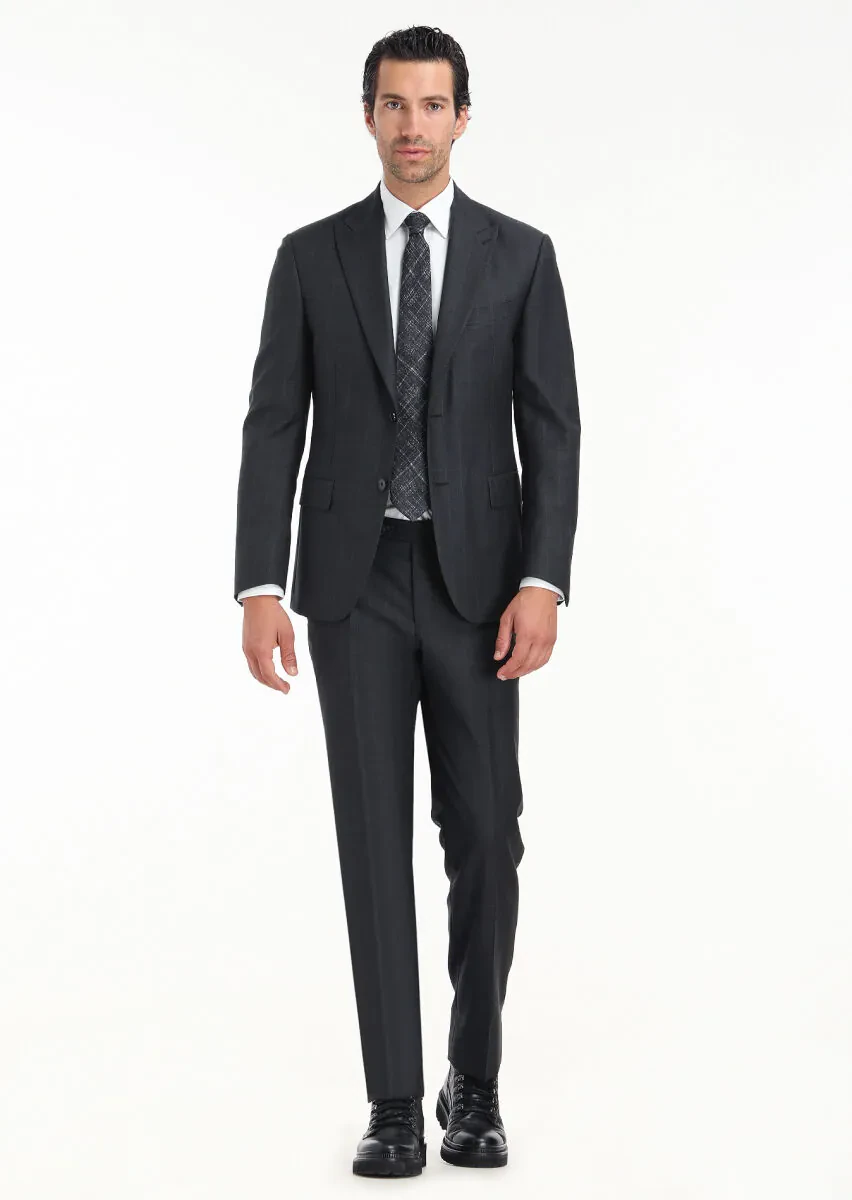 Antrasit Çizgili Zeroweight Slim Fit %100 Yün Takım Elbise - 1