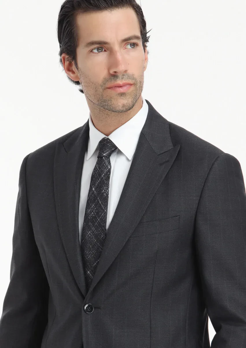 Antrasit Çizgili Zeroweight Slim Fit %100 Yün Takım Elbise - 4