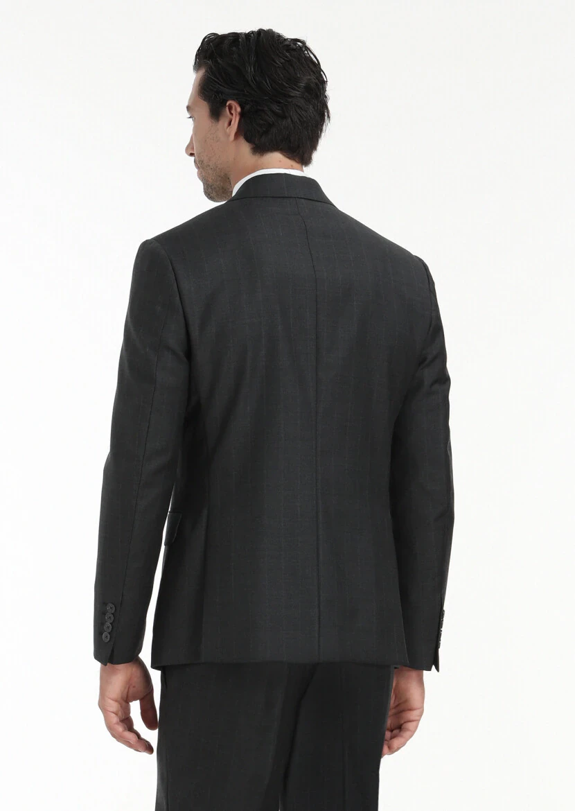 Antrasit Çizgili Zeroweight Slim Fit %100 Yün Takım Elbise - 6