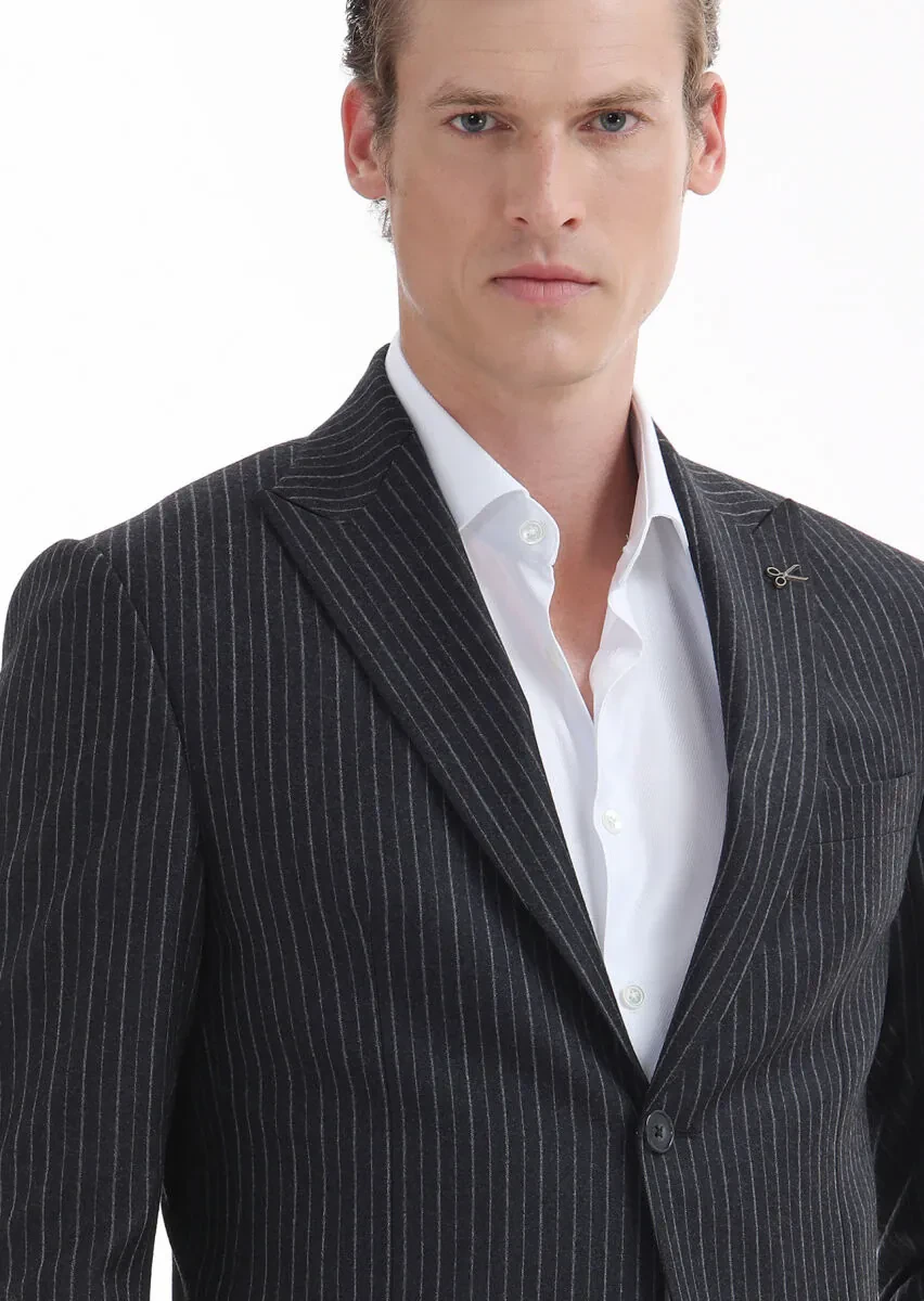 Antrasit Çizgili Zeroweight Slim Fit %100 Yün Takım Elbise - 2