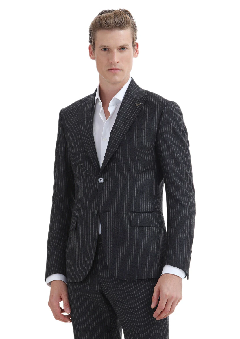 Antrasit Çizgili Zeroweight Slim Fit %100 Yün Takım Elbise - 3