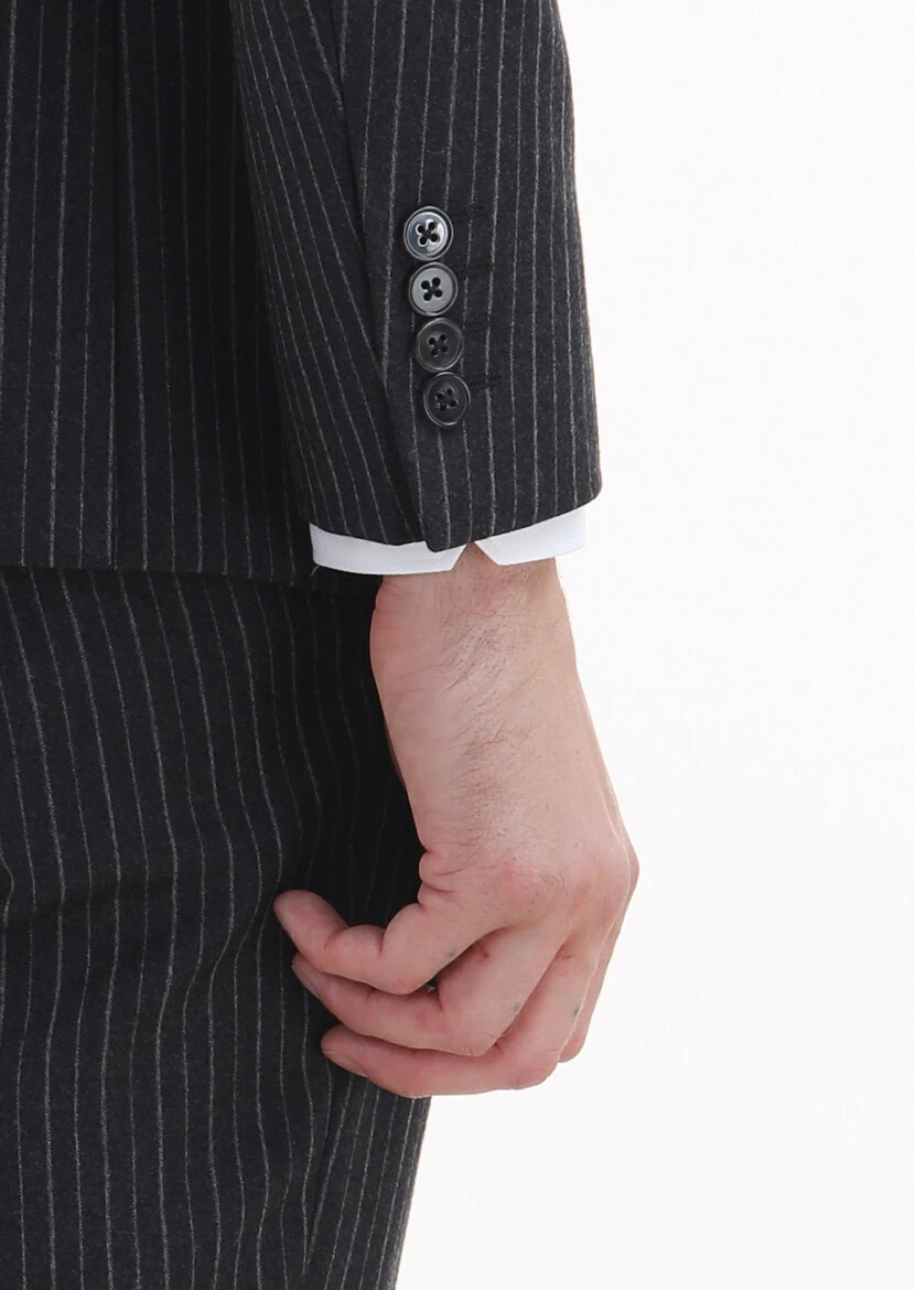 Antrasit Çizgili Zeroweight Slim Fit %100 Yün Takım Elbise - 4