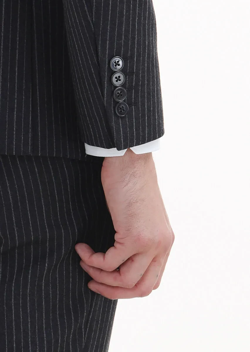 Antrasit Çizgili Zeroweight Slim Fit %100 Yün Takım Elbise - 4