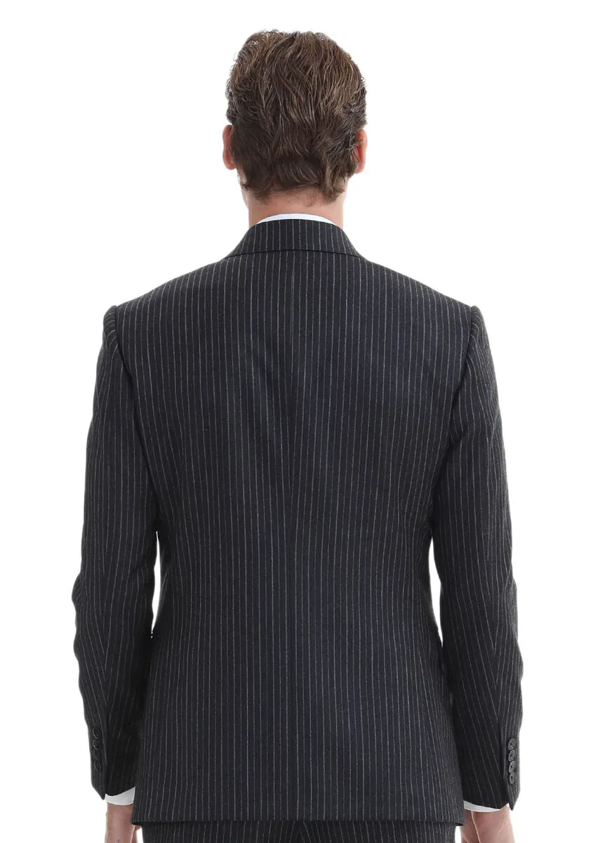 Antrasit Çizgili Zeroweight Slim Fit %100 Yün Takım Elbise - 5