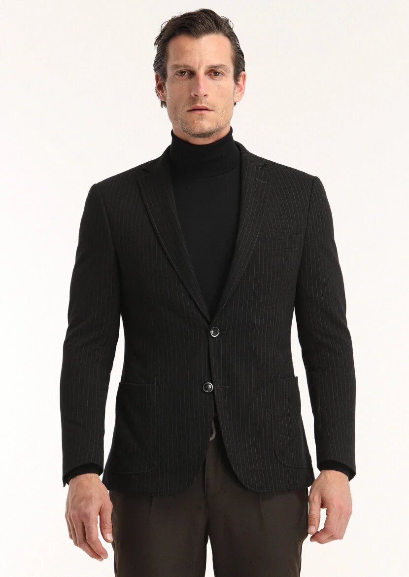 Antrasit Çizgili Zeroweight Slim Fit Pamuk Karışımlı Örme Ceket - 2