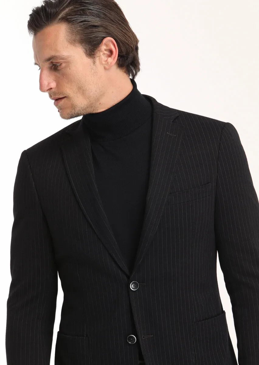 Antrasit Çizgili Zeroweight Slim Fit Pamuk Karışımlı Örme Ceket - 3