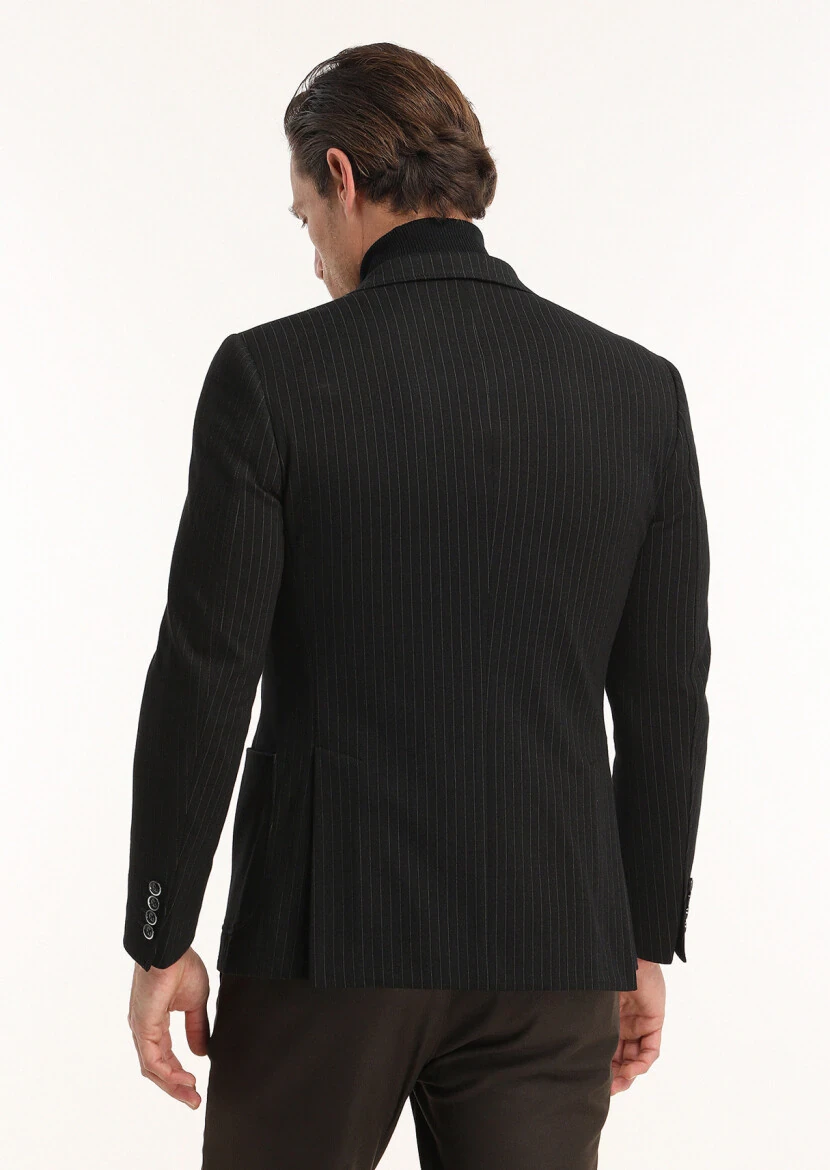 Antrasit Çizgili Zeroweight Slim Fit Pamuk Karışımlı Örme Ceket - 5