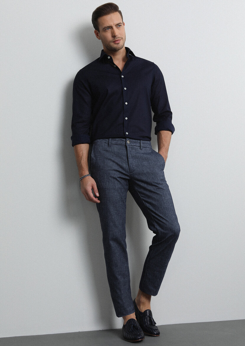 Antrasit Desenli Dokuma Regular Fit Casual Pamuk Karışımlı Pantolon - 1