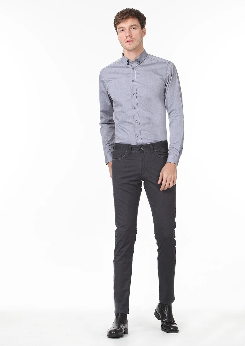 Antrasit Desenli Dokuma Slim Fit Casual Pamuk Karışımlı Pantolon - 1
