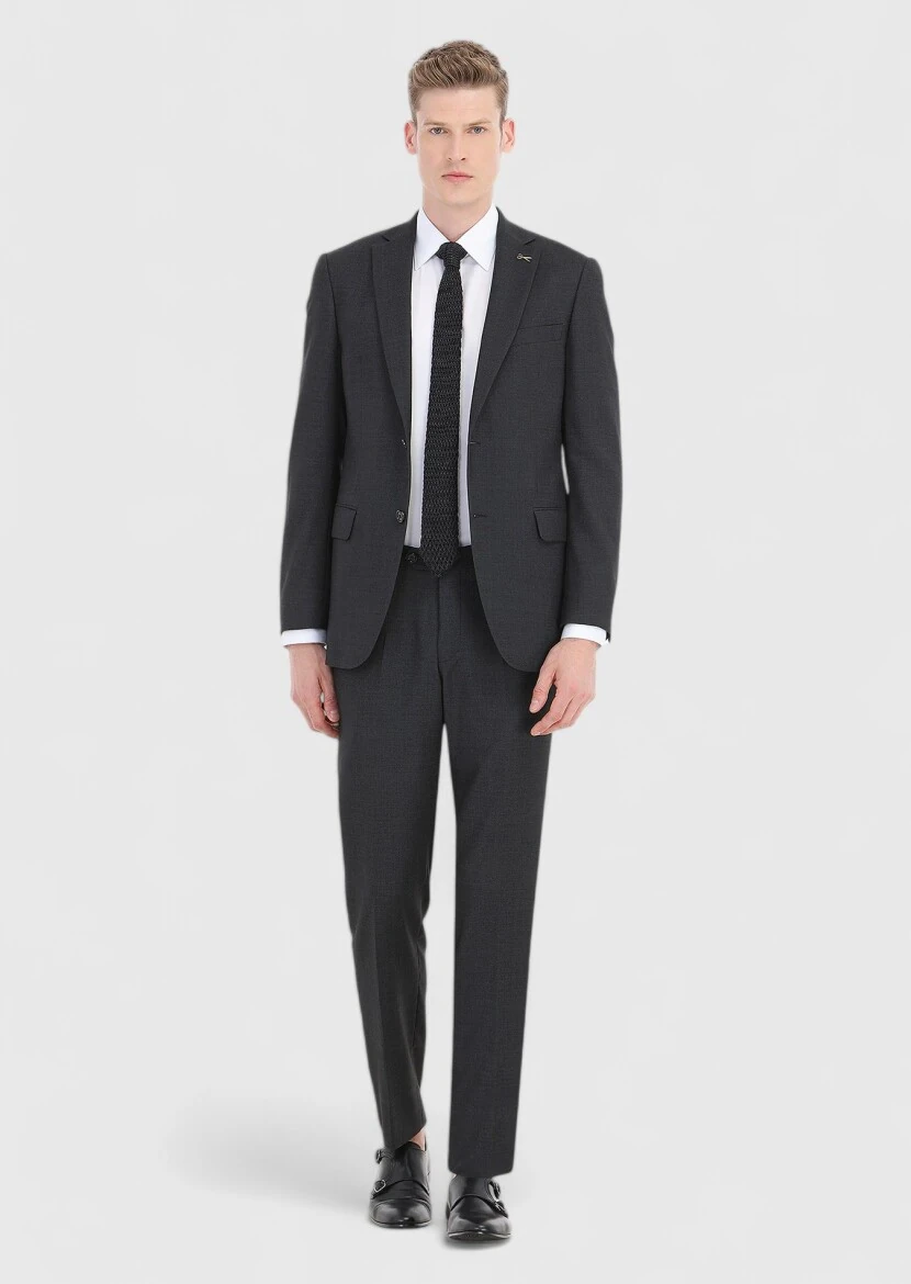 Antrasit Desenli Regular Fit %100 Yün Takım Elbise - 1