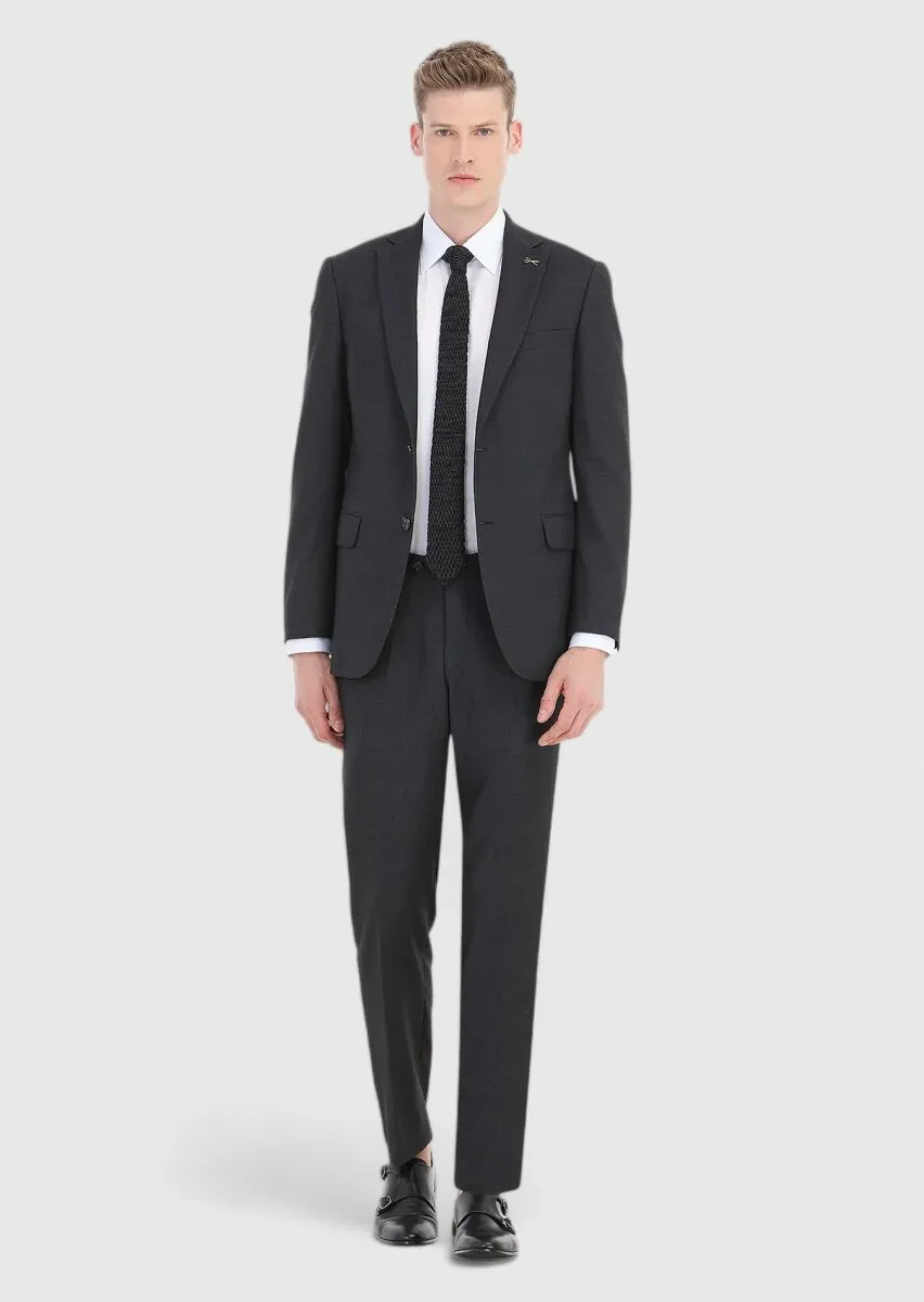 Antrasit Desenli Regular Fit %100 Yün Takım Elbise - 1