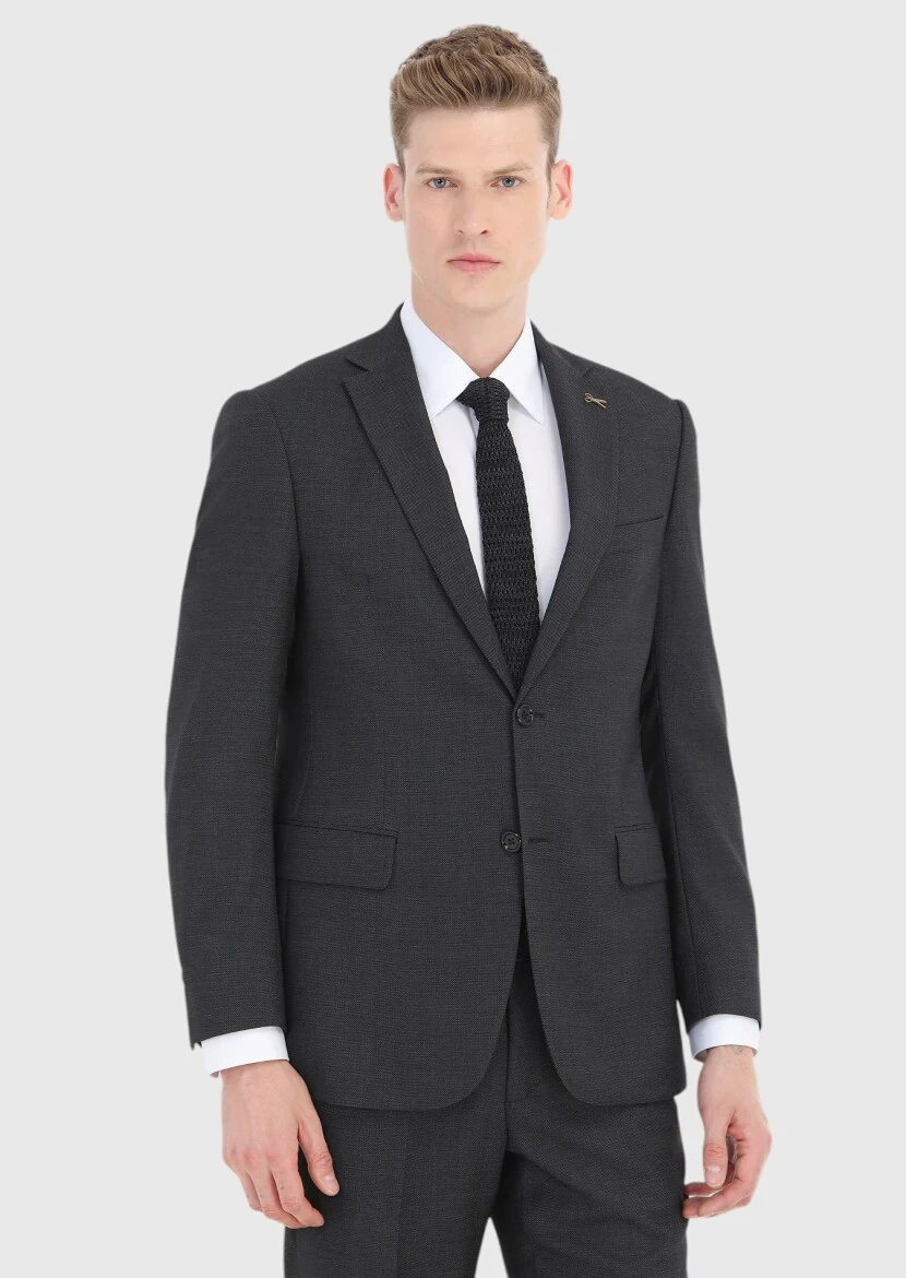 Antrasit Desenli Regular Fit %100 Yün Takım Elbise - 2