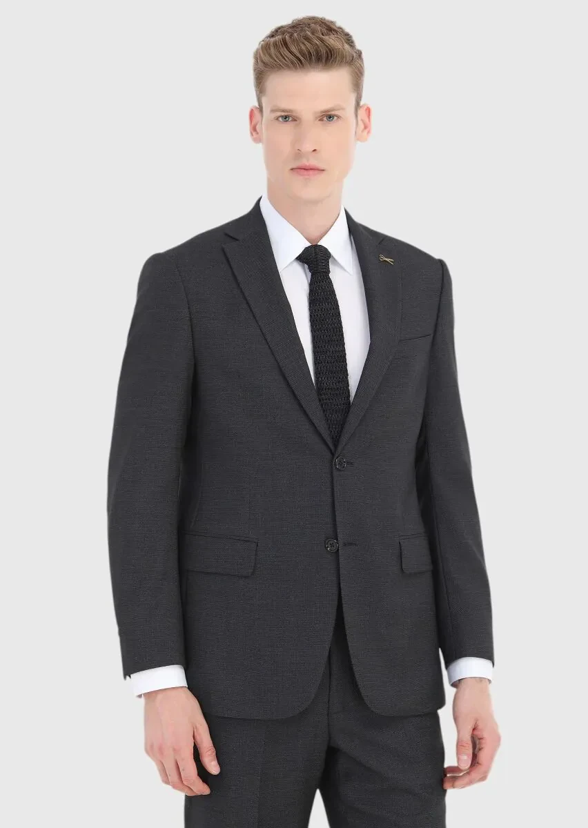 Antrasit Desenli Regular Fit %100 Yün Takım Elbise - 2