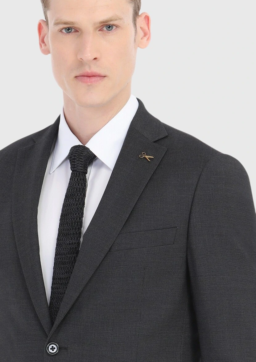 Antrasit Desenli Regular Fit %100 Yün Takım Elbise - 3