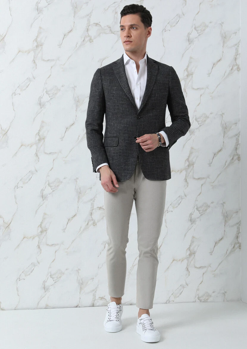 Antrasit Desenli Regular Fit İpek Karışımlı Ceket - 4