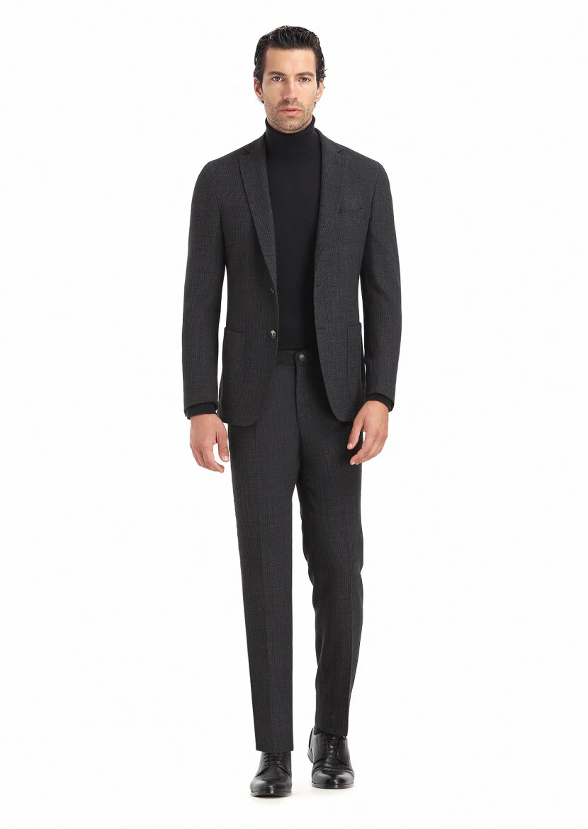 Antrasit Desenli Shirt Shoulder Slim Fit Yün Karışımlı Takım Elbise - 1