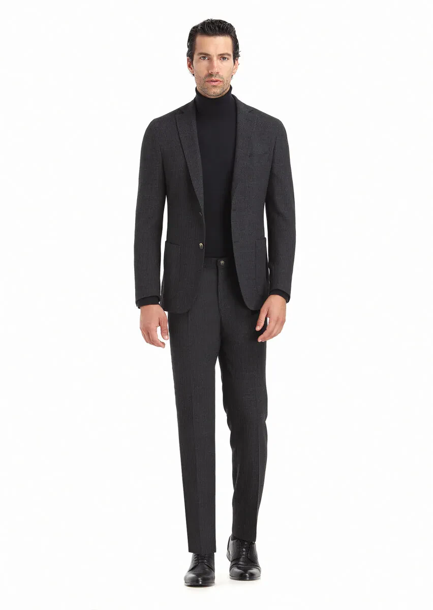 Antrasit Desenli Shirt Shoulder Slim Fit Yün Karışımlı Takım Elbise - 1