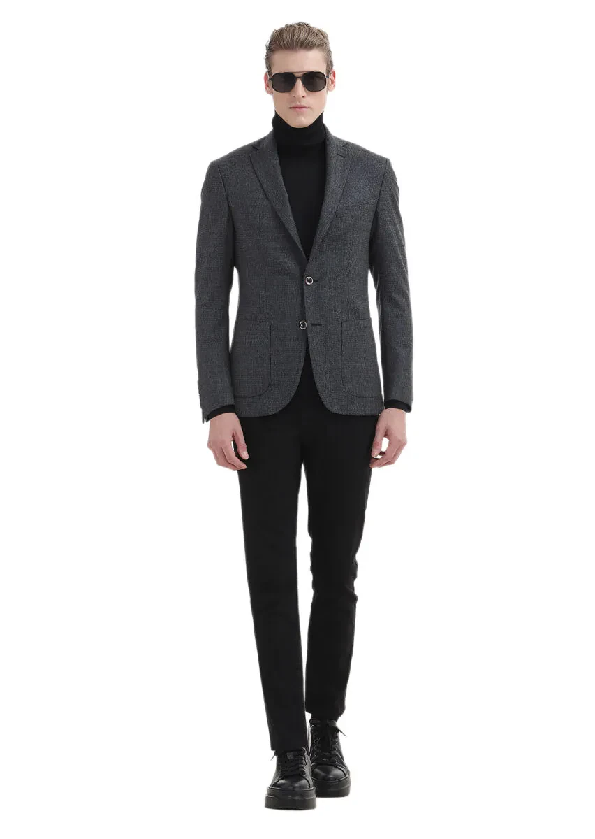 Antrasit Desenli Zeroweight Slim Fit %100 Yün Ceket - 2