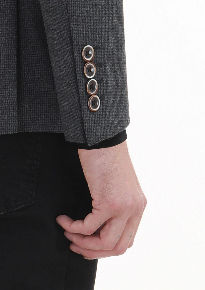 Antrasit Desenli Zeroweight Slim Fit %100 Yün Ceket - 4