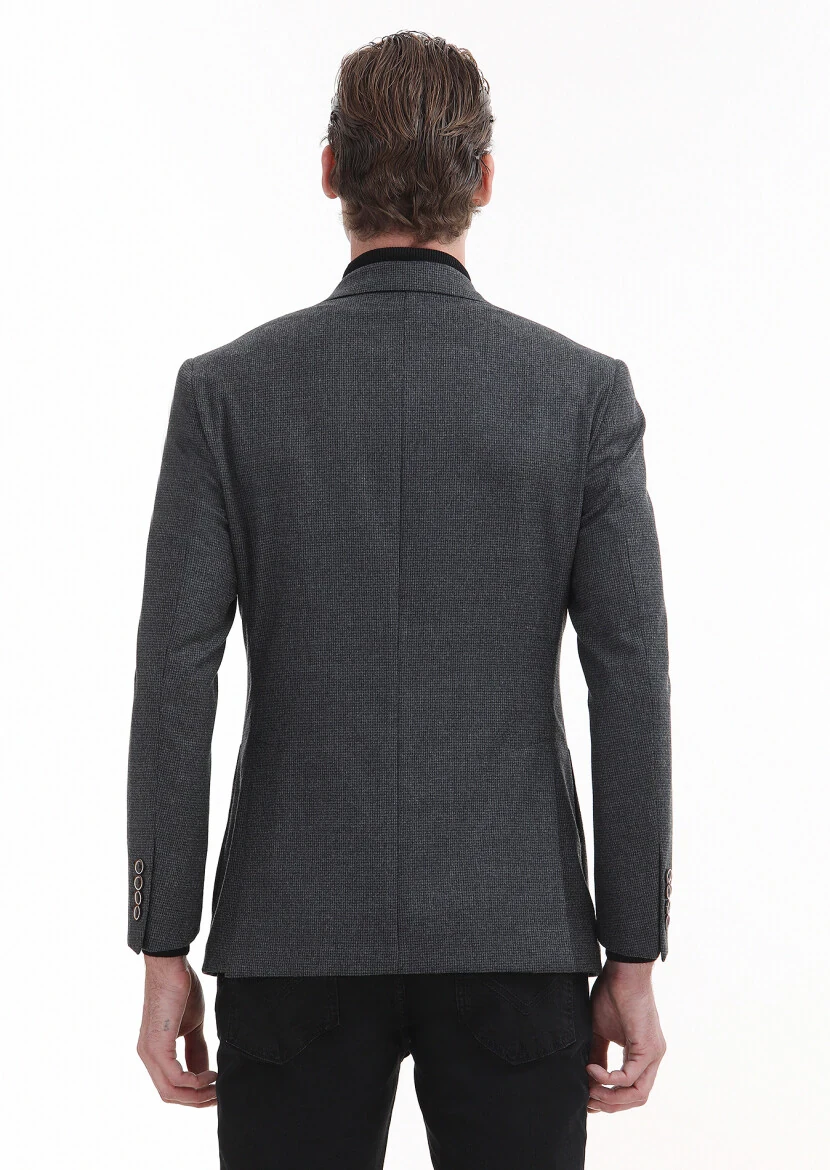 Antrasit Desenli Zeroweight Slim Fit %100 Yün Ceket - 5