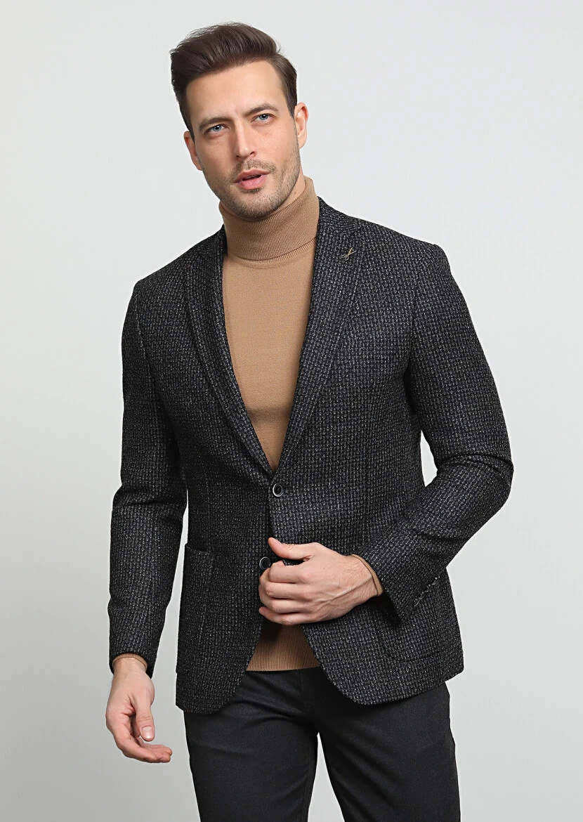 Antrasit Desenli Zeroweight Slim Fit Yün Karışımlı Ceket - 3
