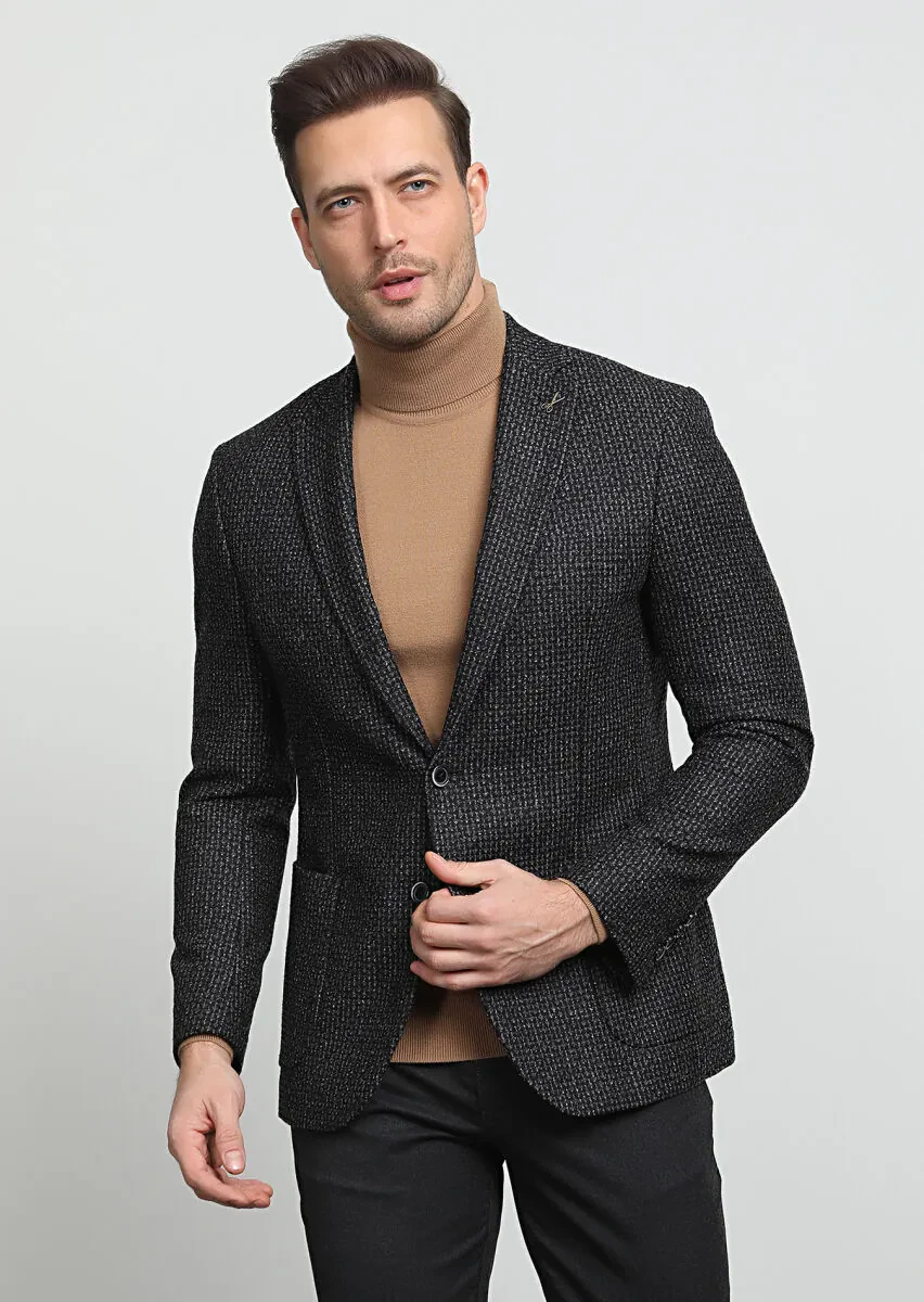 Antrasit Desenli Zeroweight Slim Fit Yün Karışımlı Ceket - 3