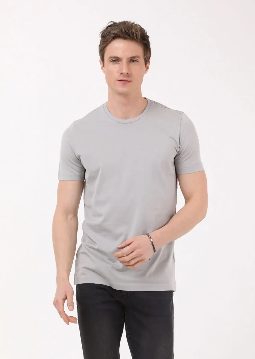 Antrasit Düz Bisiklet Yaka %100 Pamuk T-Shirt - 2